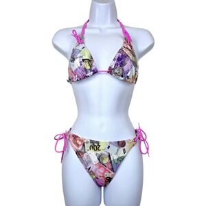 XOXO Swim Womens Pink Euro Money Print Triangle Bikini Swimsuit Set Size XS